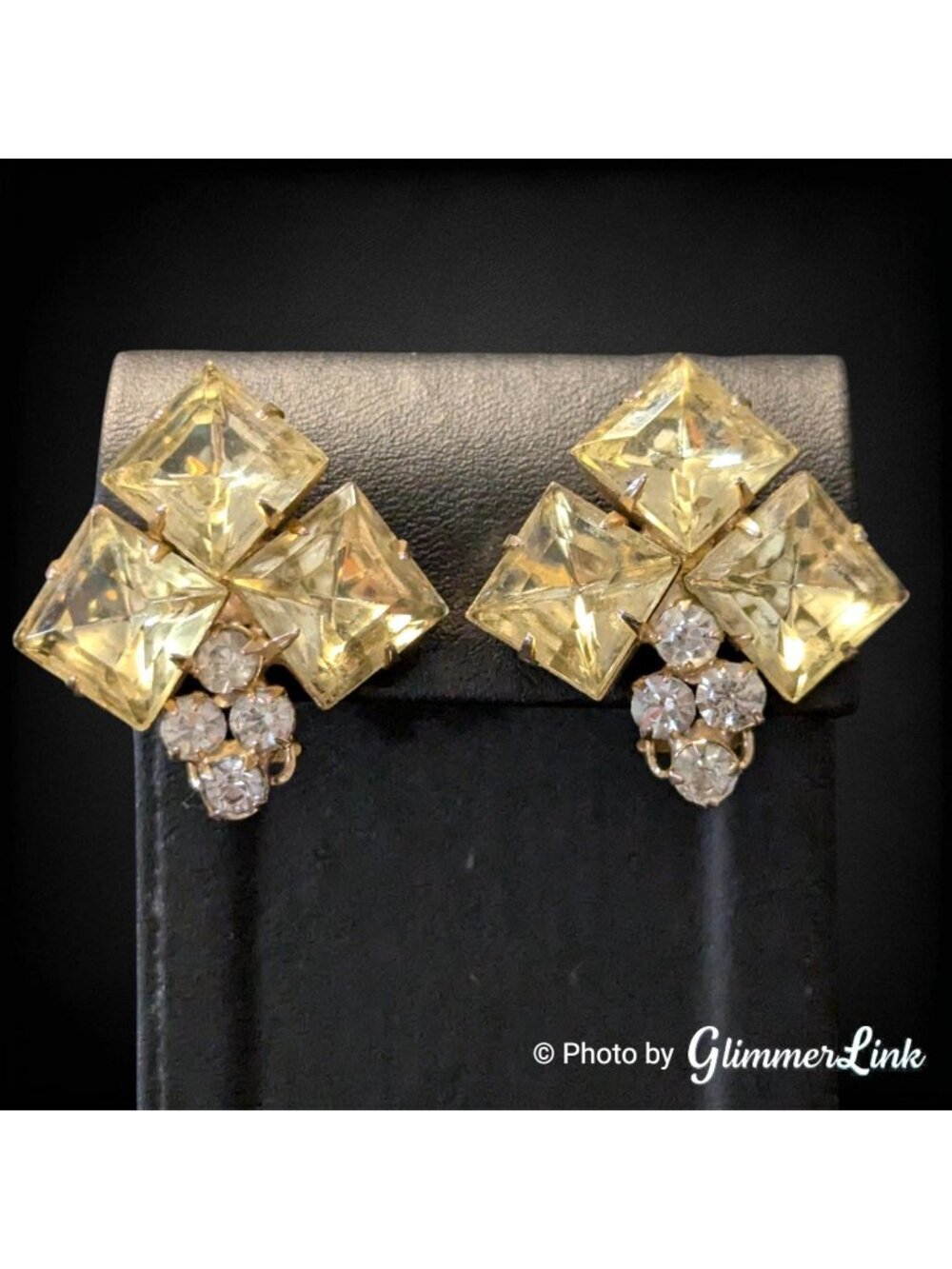 Vintage Yellow Rhinestone Clip On Earrings Large Square Glass Mid Century
